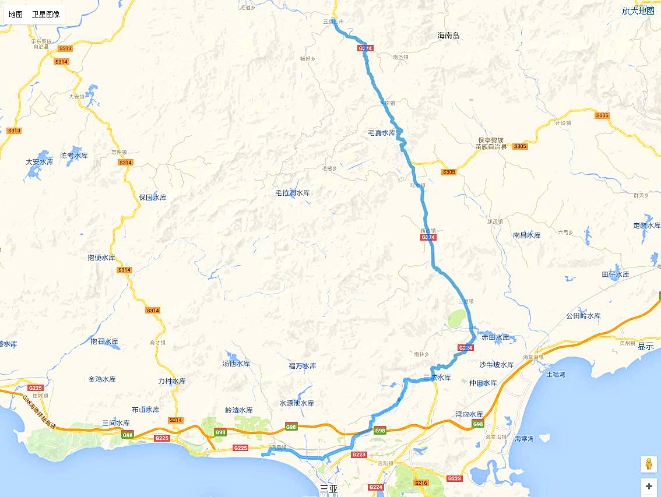 三亚湾--三道镇〔43km〕--响水镇〔60km〕--毛岸镇〔75km〕--五指山市